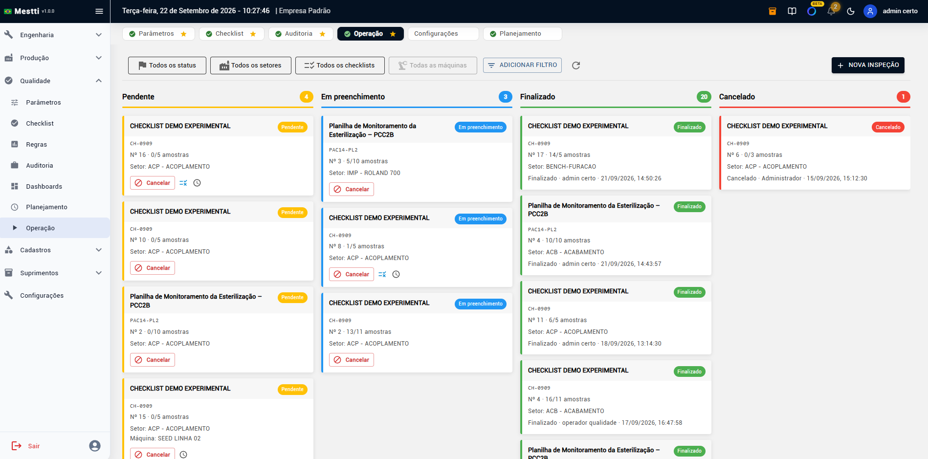 Controle de qualidade com checklists e inspeções